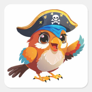 Cute cartoon parrot pirate square sticker