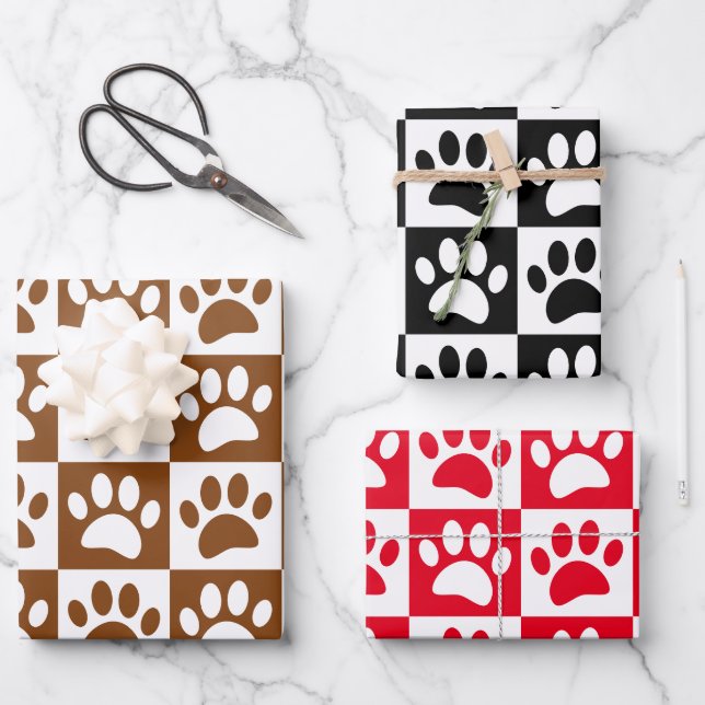 Cute Cartoon Paw Prints Chequerboard Wrapping Paper Sheet (Front)