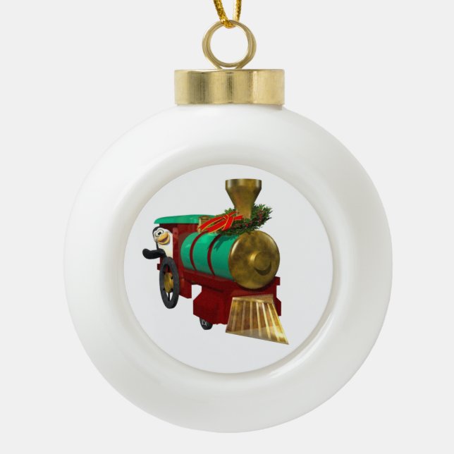 Cute Cartoon Penguin and Christmas Train Ceramic Ball Christmas Ornament (Front)