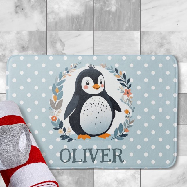 Cute Cartoon Penguin and Flowers  Bath Mat (Creator Uploaded)