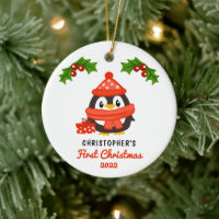 Cute Cartoon Penguin Baby's First Christmas Photo