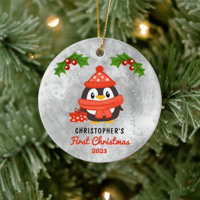 Cute Cartoon Penguin Baby's First Christmas Photo  Ceramic Tree Decoration (Tree)