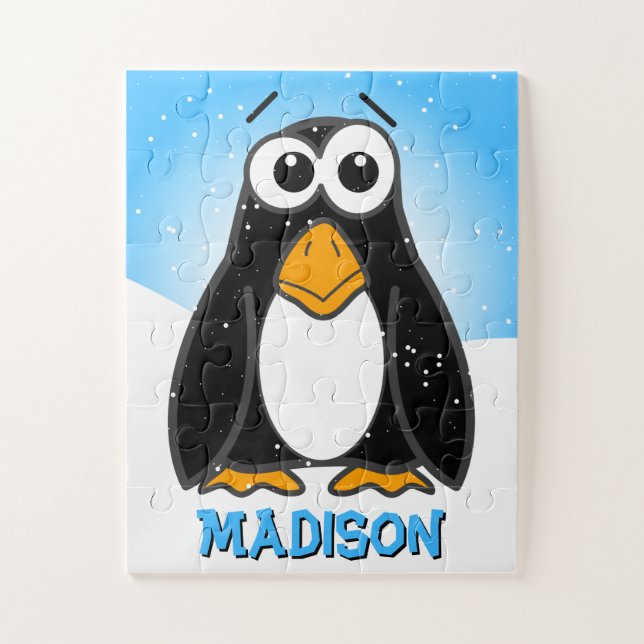 Cute Cartoon Penguin Customisable Name Kids Jigsaw Puzzle (Vertical)