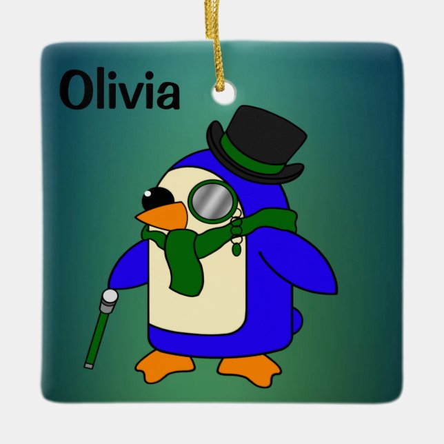 Cute cartoon penguin dark emerald green ceramic ornament (Front)