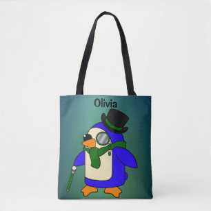 Cute cartoon penguin dark green tote bag