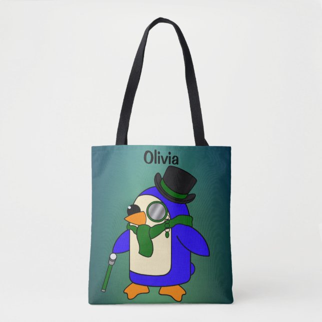 Cute cartoon penguin dark green tote bag (Front)