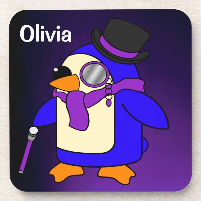 Cute cartoon penguin deep purple violet coaster (Front)