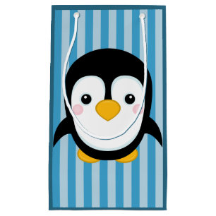 Cute Cartoon Penguin Design Blue Stripes Pattern Small Gift Bag