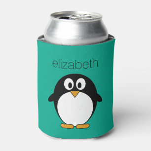 cute cartoon penguin emerald and black can cooler