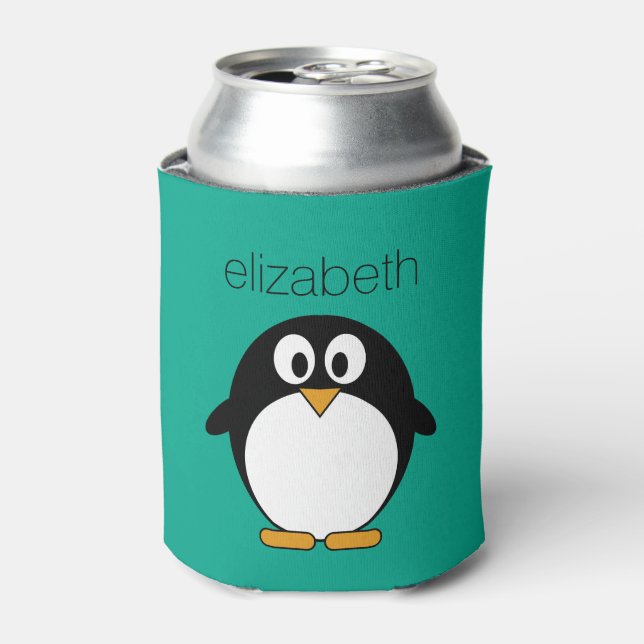 cute cartoon penguin emerald and black can cooler (Can Front)