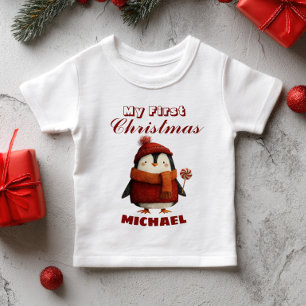Cute Cartoon Penguin First Christmas Custom Name Baby T-Shirt