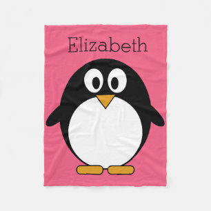 Cute Cartoon penguin Illustration Hot Pink Black Fleece Blanket