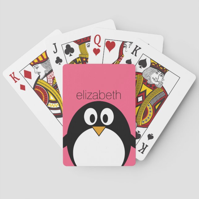Cute Cartoon penguin Illustration Hot Pink Black Playing Cards (Back)