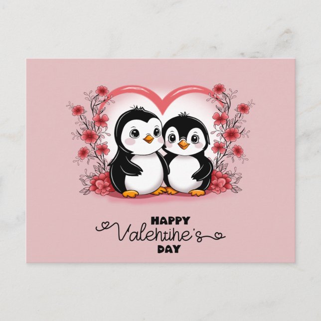 Cute Cartoon Penguin Lovers Heart Valentine’s Day  Postcard (Front)