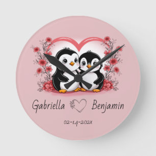 Cute Cartoon Penguin Lovers Heart Valentine’s Day Round Clock