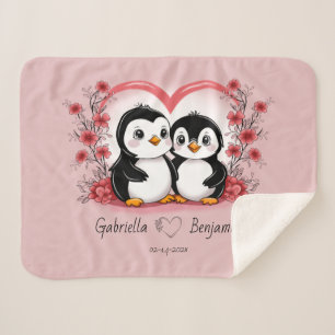 Cute Cartoon Penguin Lovers Heart Valentine’s Day Sherpa Blanket