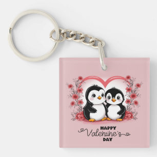 Cute Cartoon Penguin Lovers Hearts Valentine’s Day Key Ring