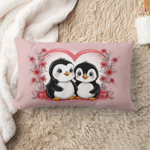 Cute Cartoon Penguin Lovers Hearts Valentine’s Day Lumbar Cushion