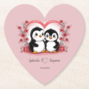 Cute Cartoon Penguin Lovers Hearts Valentine’s Day Paper Coaster