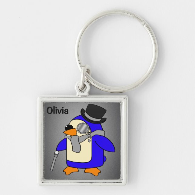 Cute cartoon penguin neutral grey key ring (Front)