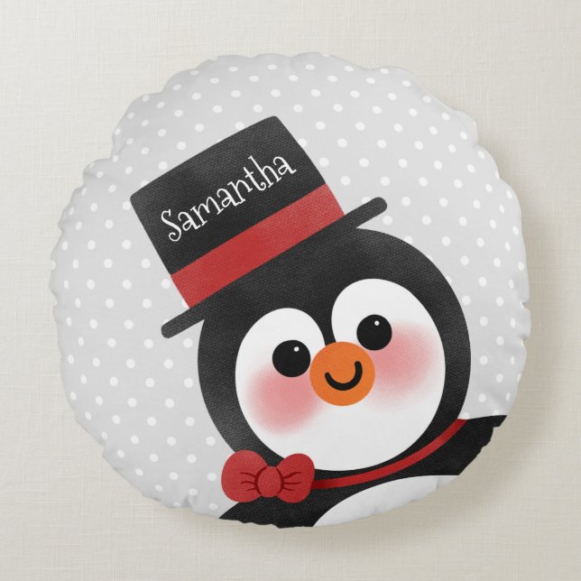 Cute Cartoon Penguin Personalised Name Round Cushion (Front)