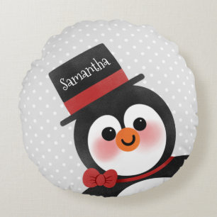 Cute Cartoon Penguin Personalized Name Round Cushion