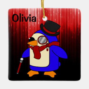 Cute cartoon penguin red and black ceramic ornament