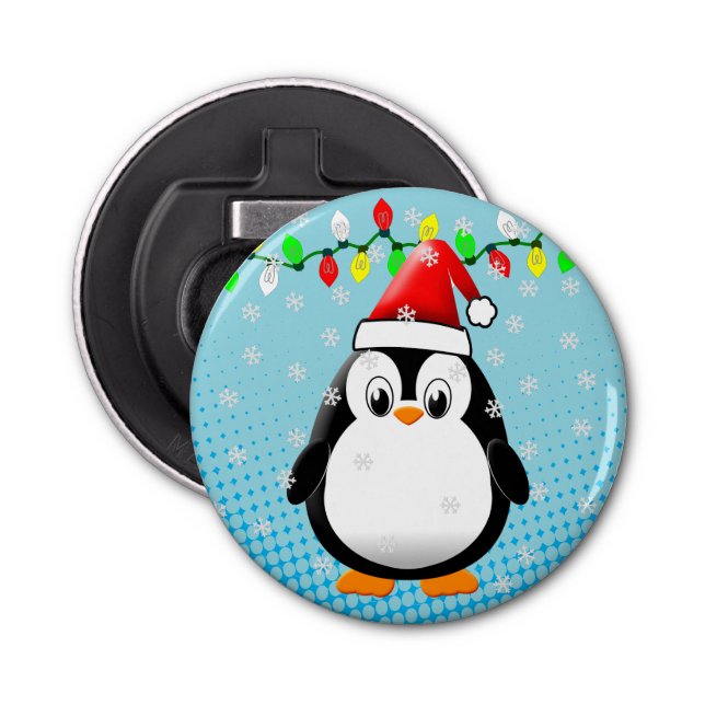 Cute Cartoon Penguin Santa Hat Christmas Lights Bottle Opener (Front)