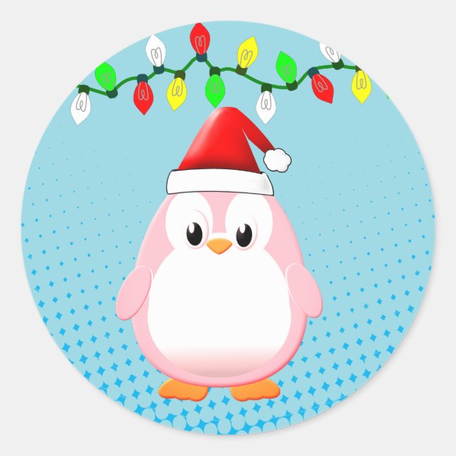 Cute Cartoon Penguin Santa Hat Christmas Lights Classic Round Sticker (Front)
