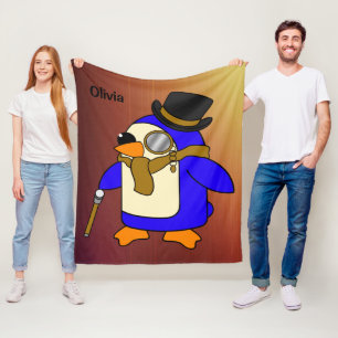 Cute cartoon penguin tanned leather brown fleece blanket