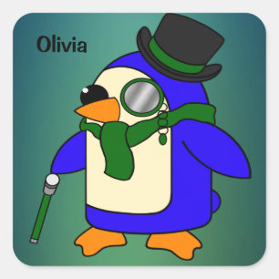 Cute cartoon penguin teal dark emerald green square sticker