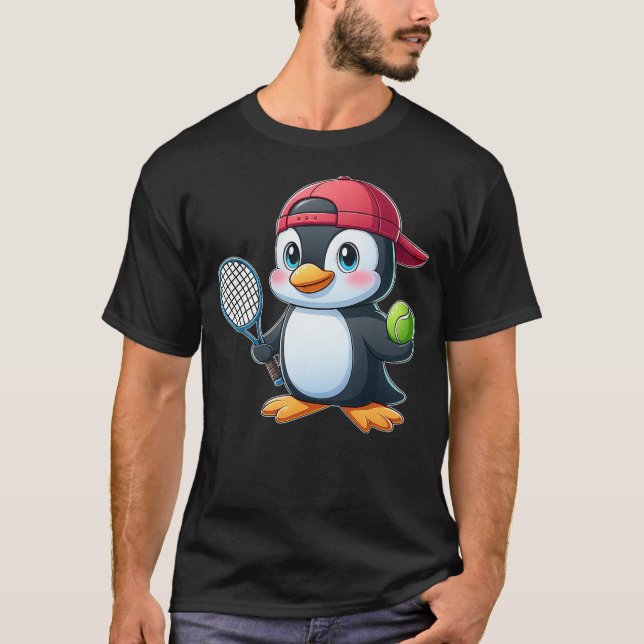Cute Cartoon Penguin Tennis Player T-Shirt (Front)
