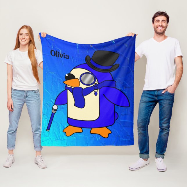 Cute cartoon penguin ultramarine blue fleece blanket (In Situ)