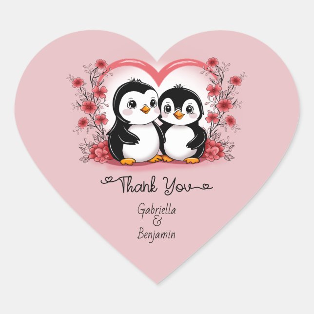 Cute Cartoon Penguin  Valentine’s Day Thank You Heart Sticker (Front)