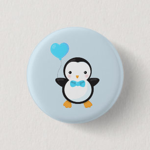 Cute Cartoon Penguin w/Blue Heart Balloon 3 Cm Round Badge