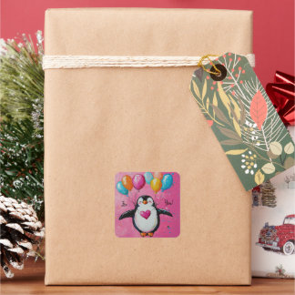 cute cartoon penguin with balloons  square sticker