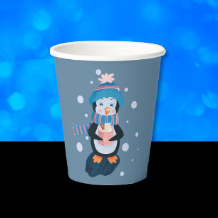 Cute Cartoon Penguin with Hot Cocoa Blue Paper Cup