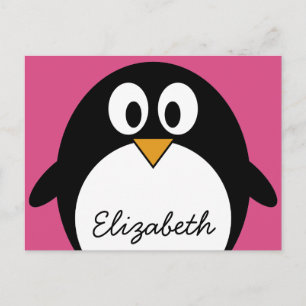 cute cartoon penguin with pink background postcard