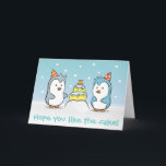 Cute Cartoon - Penguins Birthday Celebration Card<br><div class="desc">Cute cartoon of grey penguin with stripes party hat celebrating the birthday of the blue penguin with polka dots party hat. A birthday cake with icicles and topped with a special treat - an orange fish, is served as part of the celebration. Funny caption reads "Hope you like the cake!"...</div>