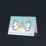 Cute Cartoon - Penguins Birthday Celebration Card<br><div class="desc">Cute cartoon of grey penguin with stripes party hat celebrating the birthday of the blue penguin with polka dots party hat. A birthday cake with icicles and topped with a special treat - an orange fish, is served as part of the celebration. Funny caption reads "Hope you like the cake!"...</div>