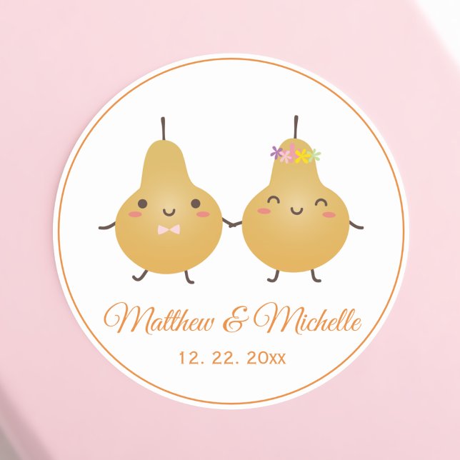 Cute Cartoon Perfect Pear Couple Wedding Favour Classic Round Sticker (Creator Uploaded)