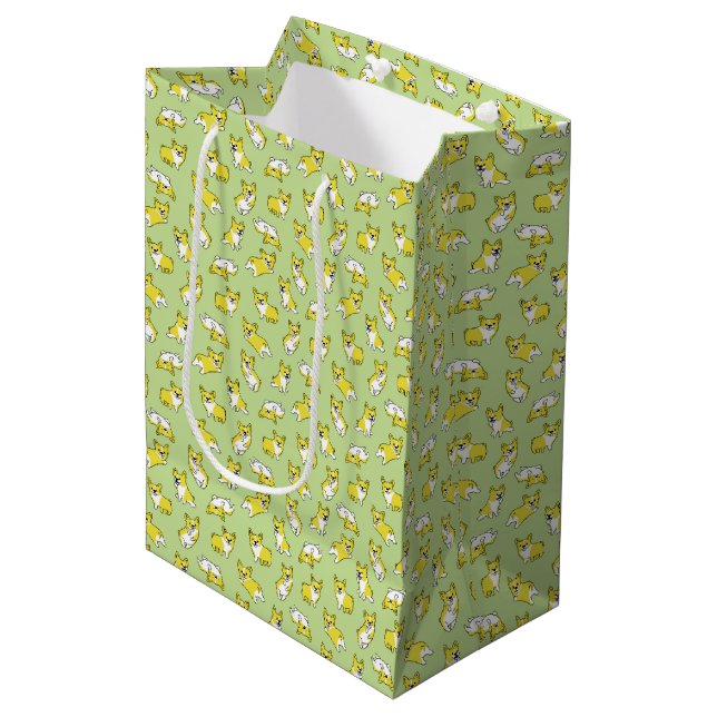 cute cartoon pet dog corgis pattern green medium gift bag (Front Angled)