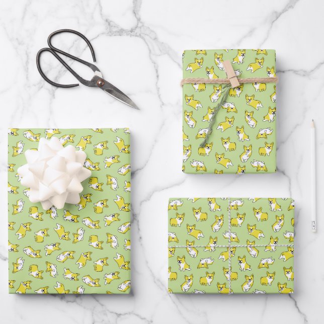 cute cartoon pet dog corgis pattern green wrapping paper sheet (Front)