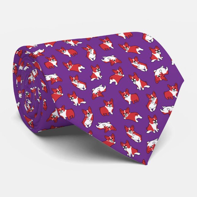 cute cartoon pet dog corgis pattern purple tie (Rolled)