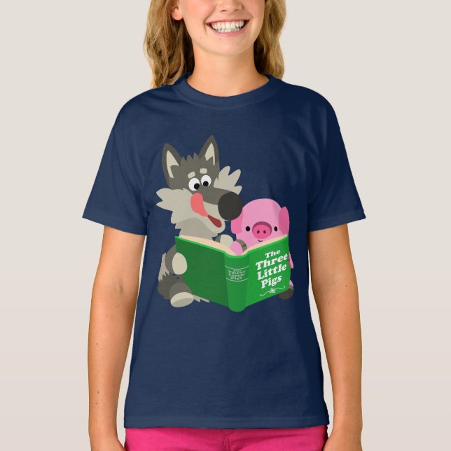 Cute Cartoon Pig And Wolf Reading Children T-Shirt (Front)