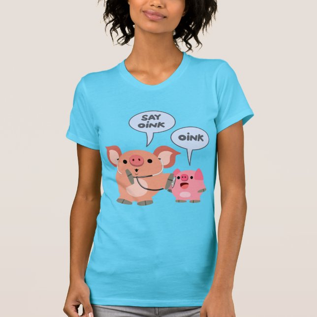 Cute Cartoon Pig Doctor and Patient Women T-Shirts (Front)