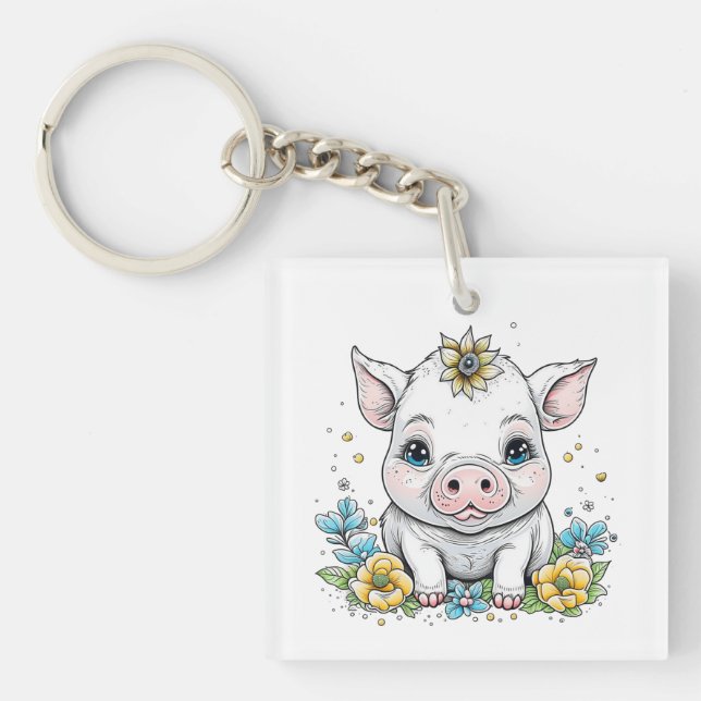Cute Cartoon Pig in Flowers Personalised Key Ring (Front)