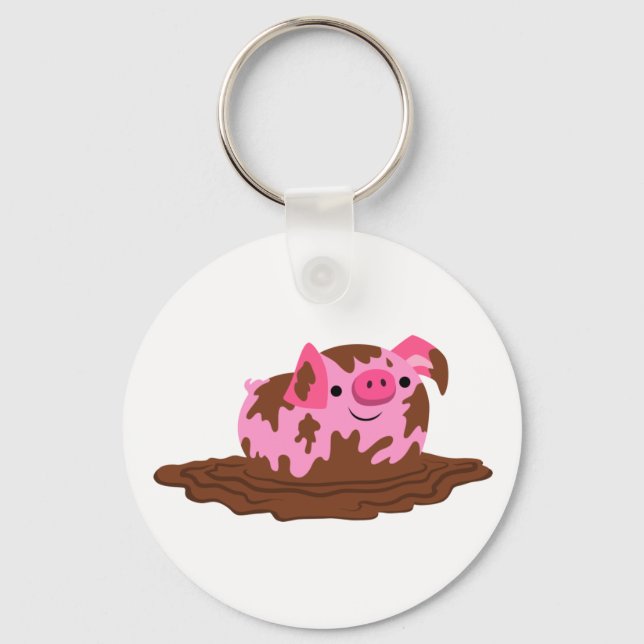 Cute Cartoon Pig in The Mud Key Ring (Front)