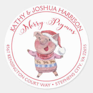 Cute Cartoon Pig Merry Pigmas Return Address Classic Round Sticker