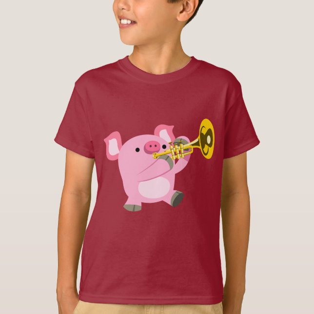 Cute Cartoon Pig Playing Trumpet Kids T-Shirt (Front)